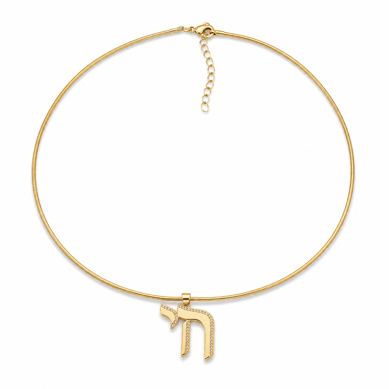 Gold tone Outline Pavé Chai choker with pavé-set pendant on a white background.
