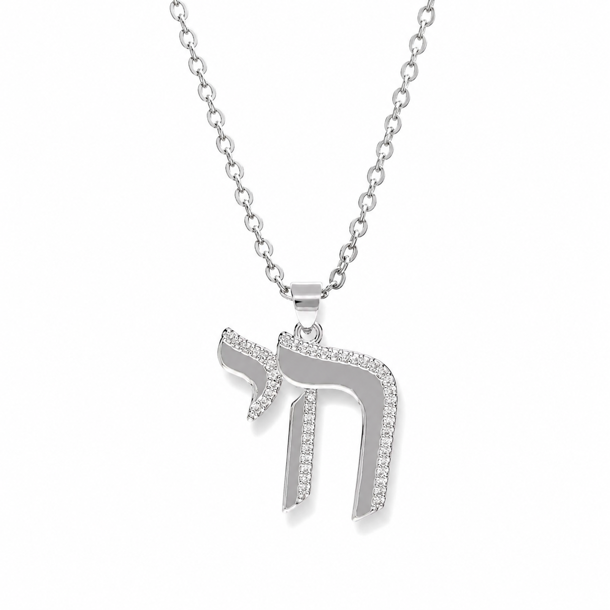 Silver tone Outline Pavé Chai Necklace with pavé-set stones on a white background.