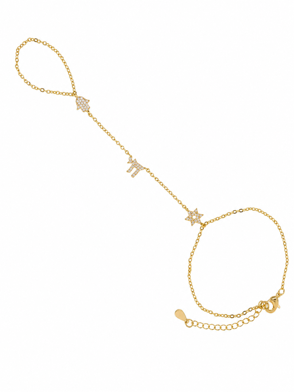 Gold tone Pavé Trio Hand Chain with Hamsa, Chai, and Star of David charms on a white background.