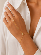 Model Gold: Model wearing the gold tone Pavé Trio Hand Chain.