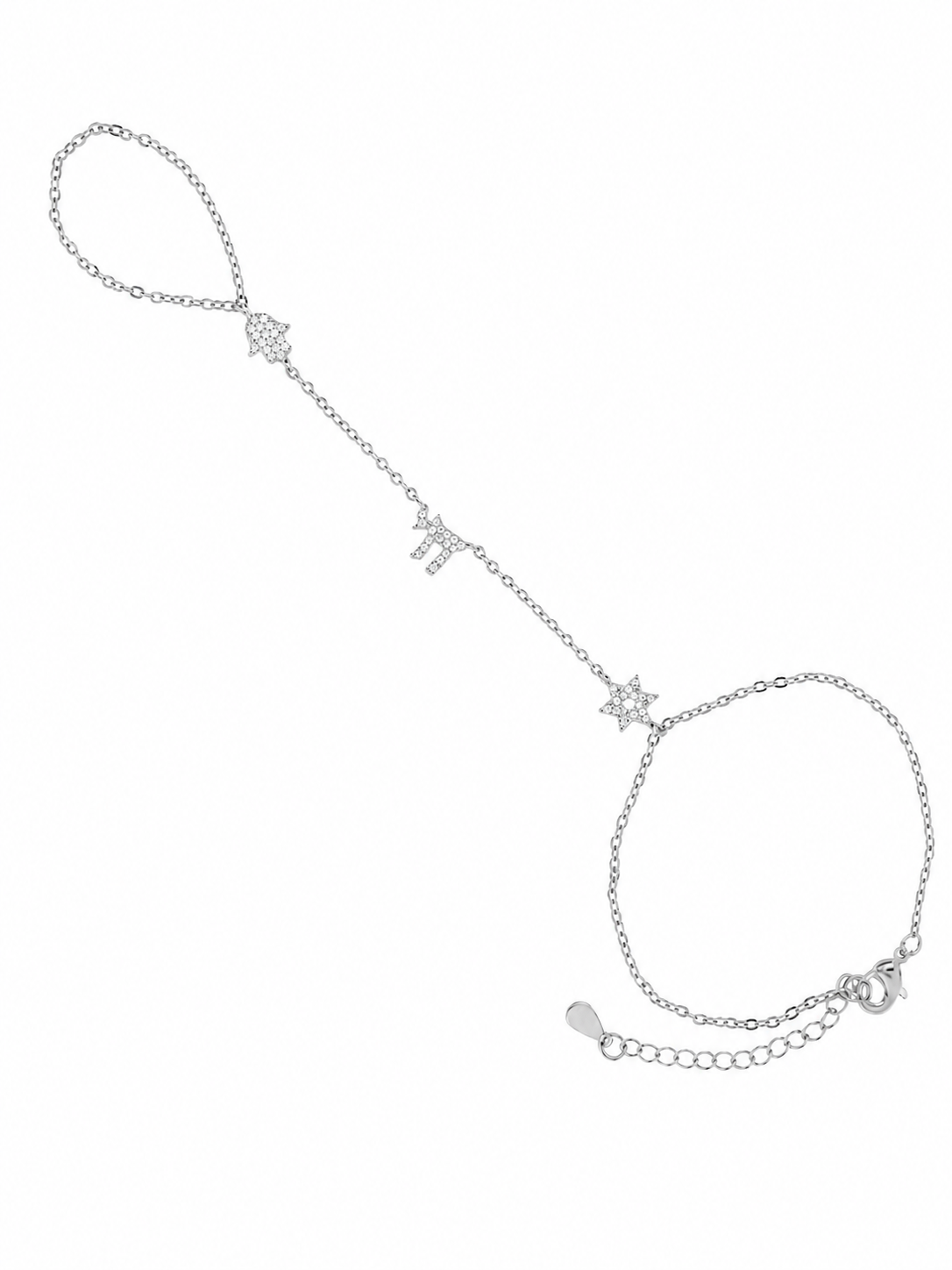 Silver tone Pavé Trio Hand Chain with Hamsa, Chai, and Star of David charms on a white background.