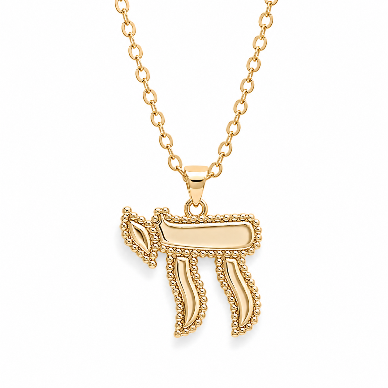 Gold tone Perlée Chai Necklace with bead-like detailing on a white background.