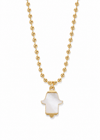 Petite MOP Hamsa Necklace featuring a petite Hamsa pendant with mother of pearl-style inlay on a gold tone ball chain.