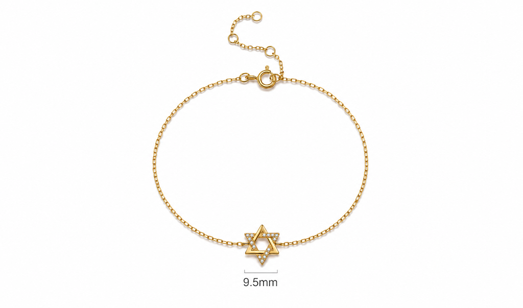 Gold tone Petite Magen David Bracelet showing the 9.5 mm charm diameter.