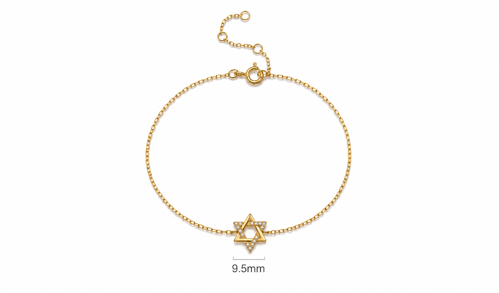 Gold tone Petite Magen David Bracelet showing the 9.5 mm charm diameter.