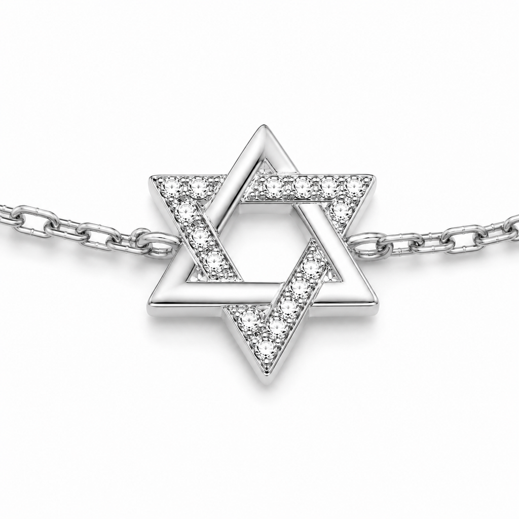 Close-up of the silver tone 9.5 mm Star of David charm on the Petite Magen David Bracelet.