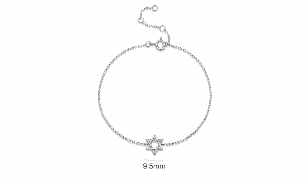 Silver tone Petite Magen David Bracelet showing the 9.5 mm charm diameter.