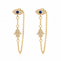 Gold Tone Protection Drop Chain Earrings featuring pavé Evil Eye studs with blue center stones connected to pavé Hamsa charms by delicate drop chains.