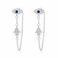 Silver Tone Protection Drop Chain Earrings featuring pavé Evil Eye studs with blue center stones connected to pavé Hamsa charms by delicate drop chains.
