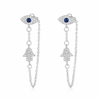 Silver Tone Protection Drop Chain Earrings featuring pavé Evil Eye studs with blue center stones connected to pavé Hamsa charms by delicate drop chains.