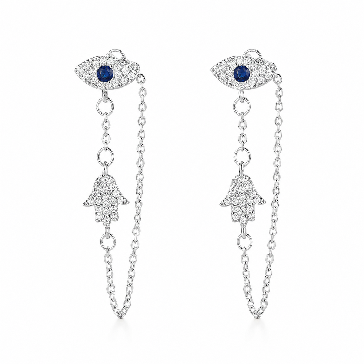 Silver Tone Protection Drop Chain Earrings featuring pavé Evil Eye studs with blue center stones connected to pavé Hamsa charms by delicate drop chains.