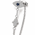 Close-up of the Silver Tone Protection Drop Chain Earrings featuring pavé Evil Eye studs and Hamsa charms connected by delicate chains.