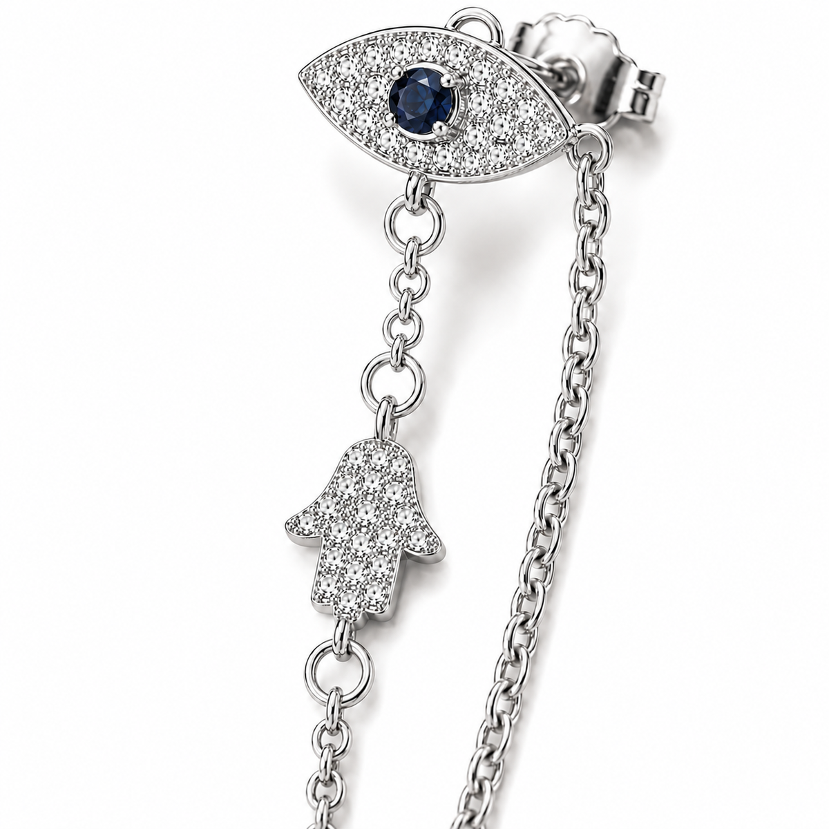 Close-up of the Silver Tone Protection Drop Chain Earrings featuring pavé Evil Eye studs and Hamsa charms connected by delicate chains.