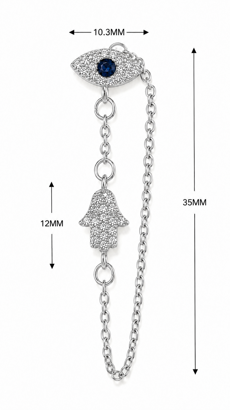 Silver Tone Protection Drop Chain Earrings shown with dimensions for length and width.