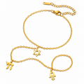Gold tone Protection • Identity • Life Hand Chain with Hamsa, Chai, and Star of David charms on a white background.