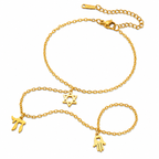 Gold tone Protection • Identity • Life Hand Chain with Hamsa, Chai, and Star of David charms on a white background.