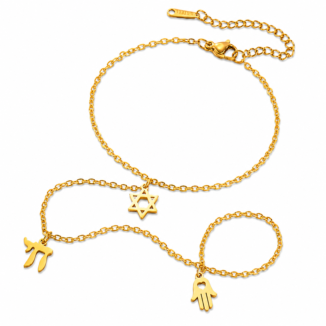 Gold tone Protection • Identity • Life Hand Chain with Hamsa, Chai, and Star of David charms on a white background.