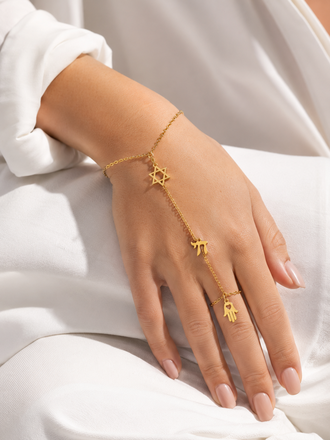 Gold tone Protection • Identity • Life Hand Chain worn across the hand and middle finger.