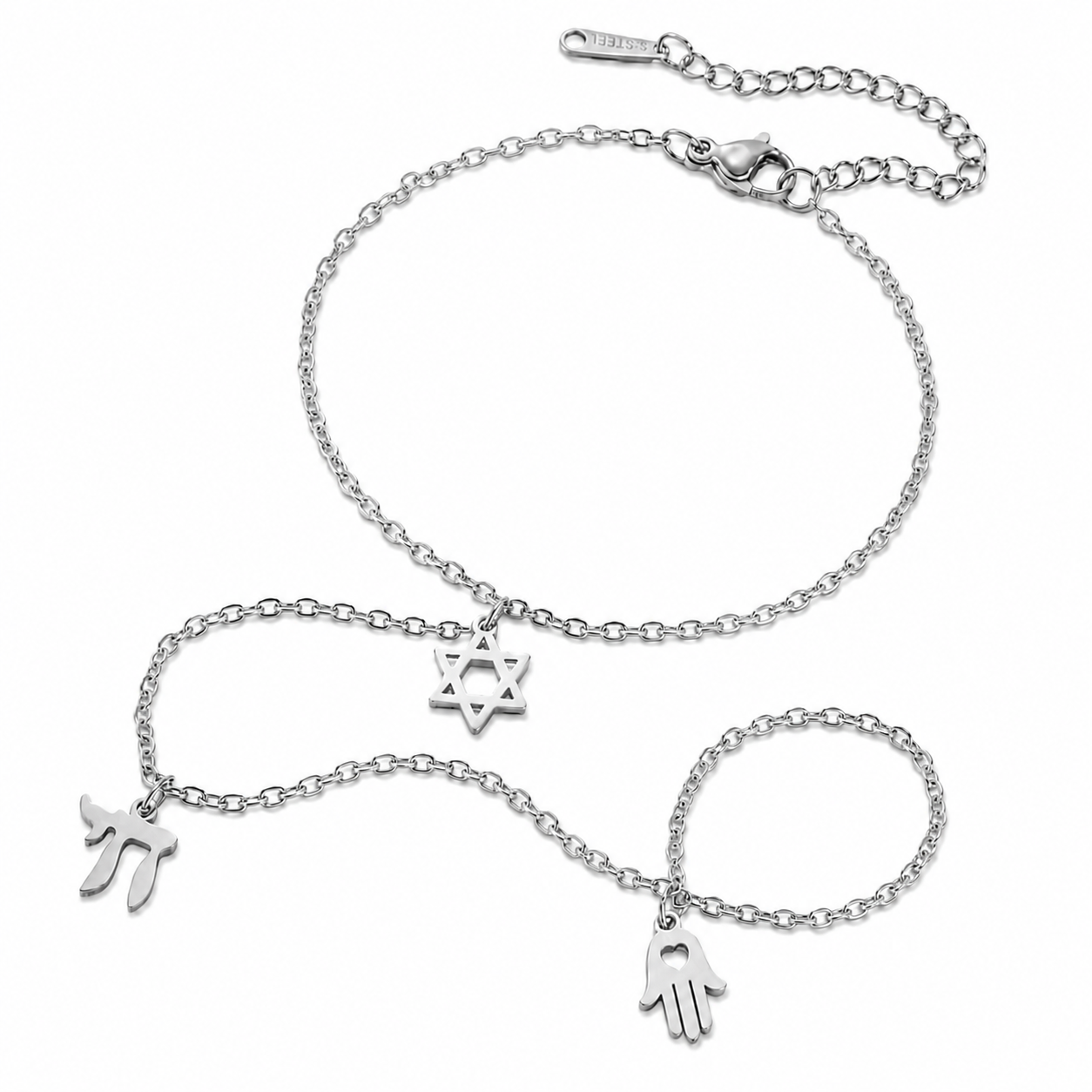 Silver tone Protection • Identity • Life Hand Chain with Hamsa, Chai, and Star of David charms on a white background.