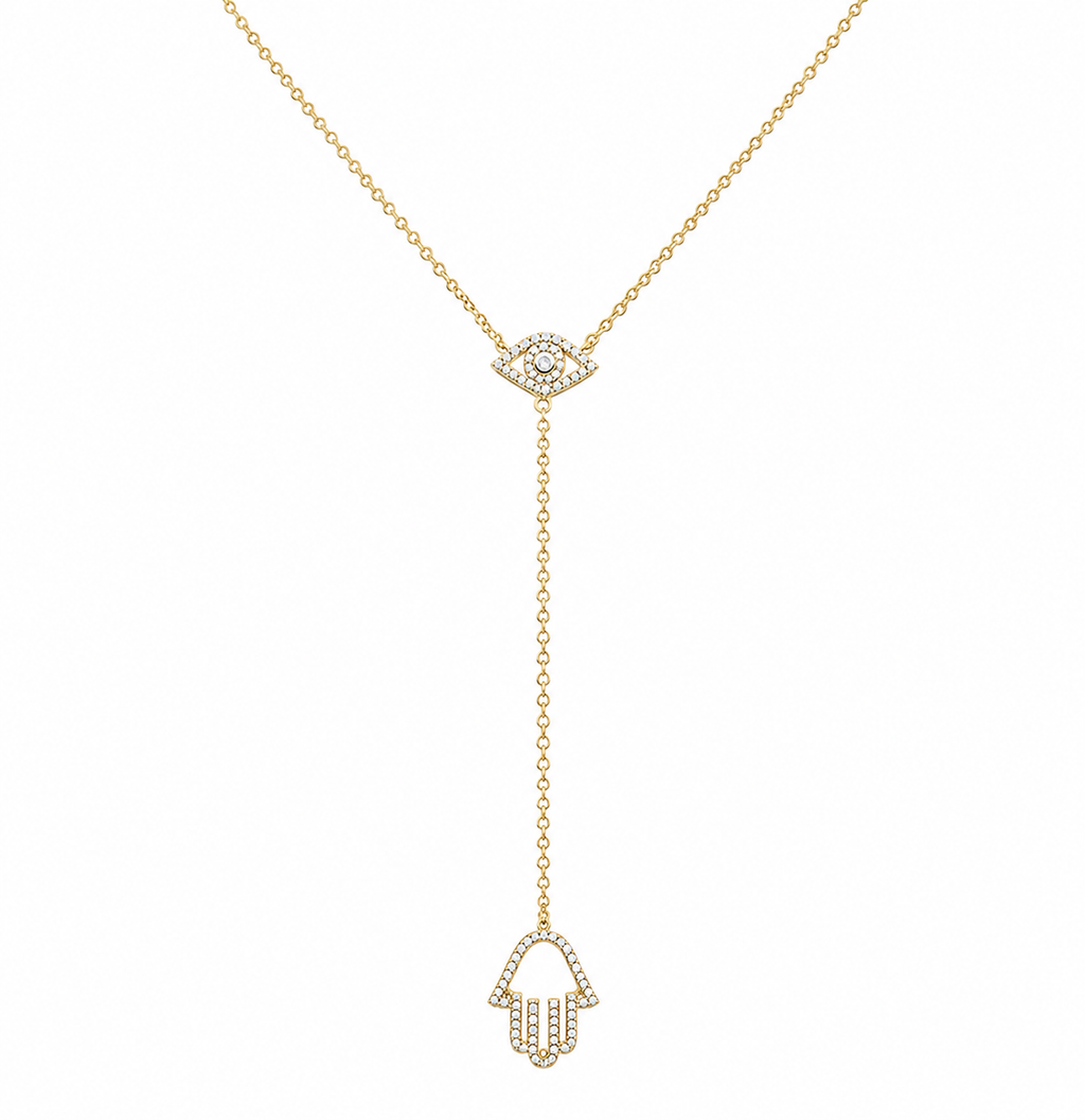 Gold tone Protection Lariat Necklace with pavé Evil Eye and Hamsa charms on a white background.