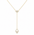 Gold tone Protection Lariat Necklace with pavé Evil Eye and Hamsa charms on a white background.