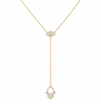 Gold tone Protection Lariat Necklace with pavé Evil Eye and Hamsa charms on a white background.
