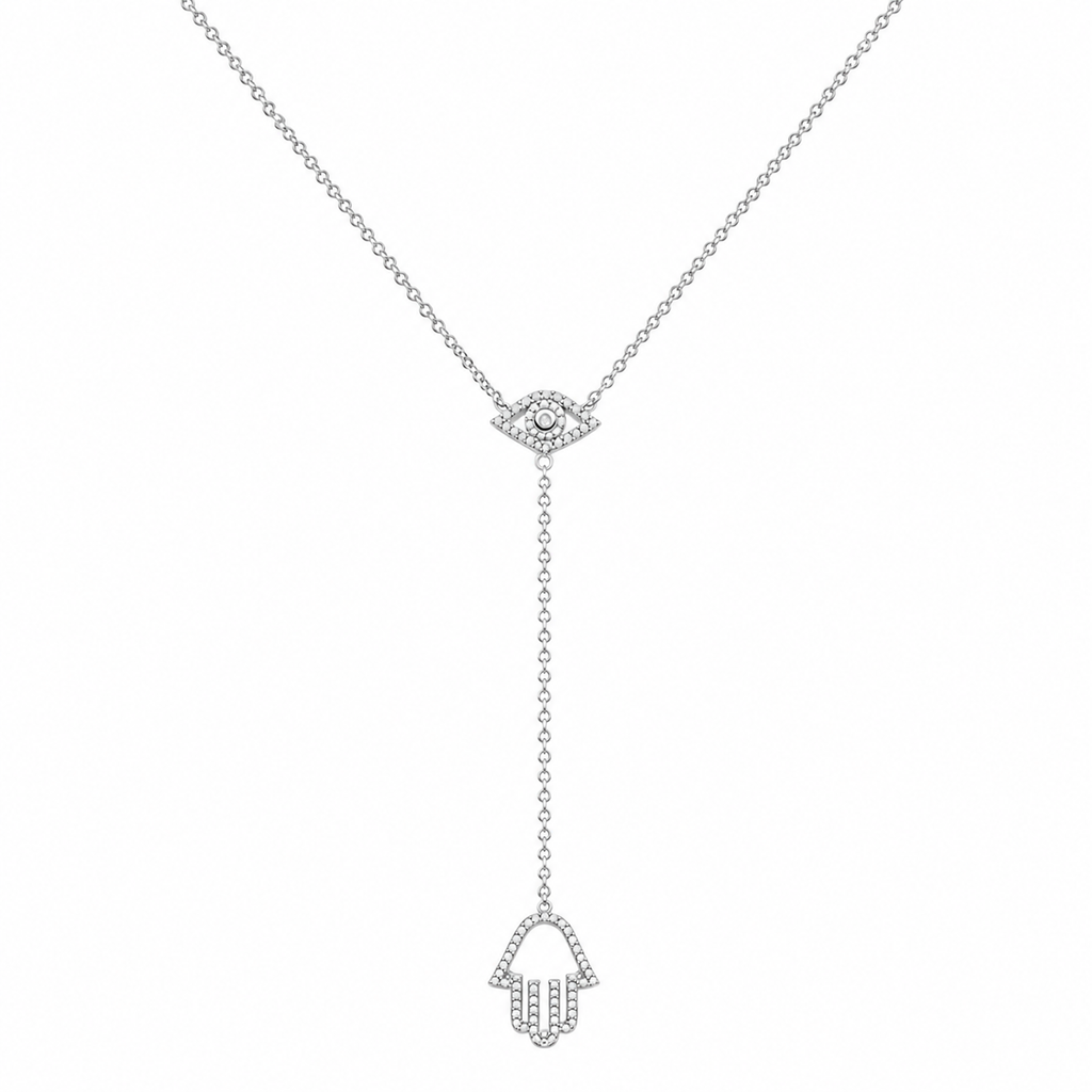 Silver tone Protection Lariat Necklace with pavé Evil Eye and Hamsa charms on a white background.