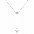 Silver tone Protection Lariat Necklace with pavé Evil Eye and Hamsa charms on a white background.