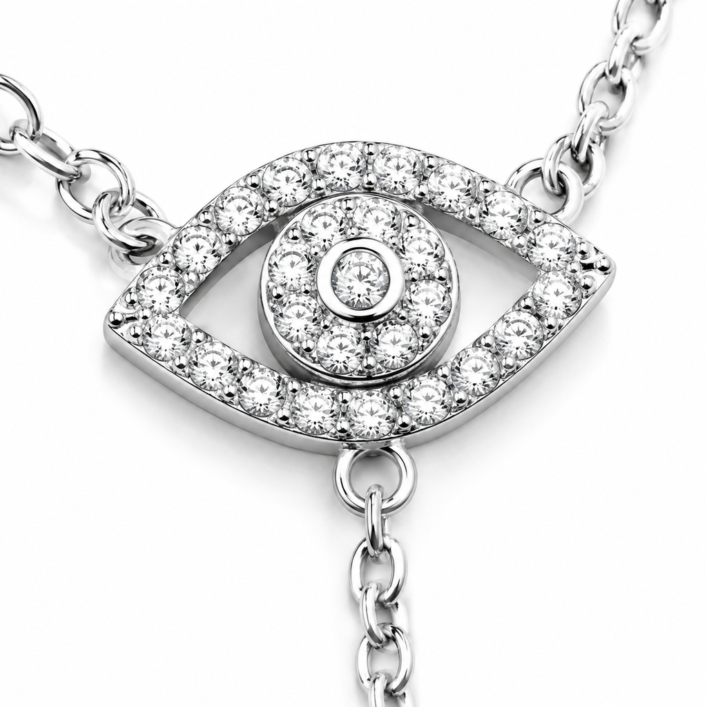 Close-up of the pavé Evil Eye charm on the silver tone Protection Lariat Necklace.