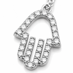 Close-up of the pavé Hamsa charm on the silver tone Protection Lariat Necklace.
