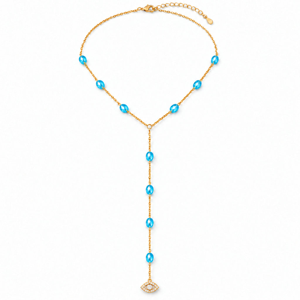 Blue See No Evil Lariat Necklace with a gold tone chain and pavé CZ evil eye charm on a white background.