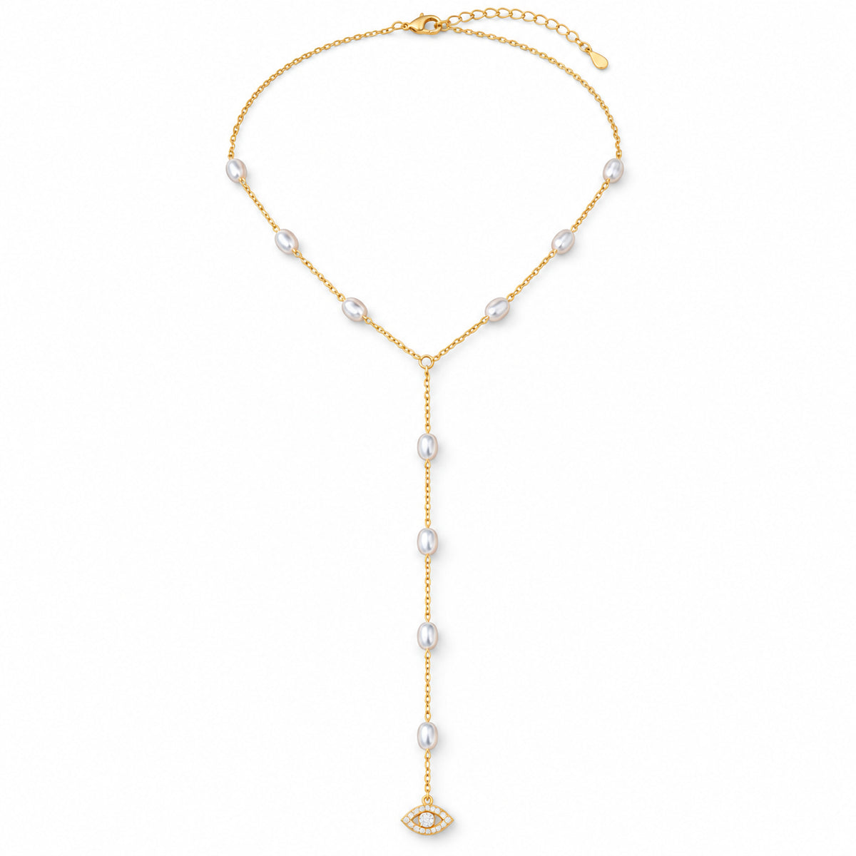 White Pearl See No Evil Lariat Necklace with pearl beads and a pavé CZ evil eye charm on a white background.