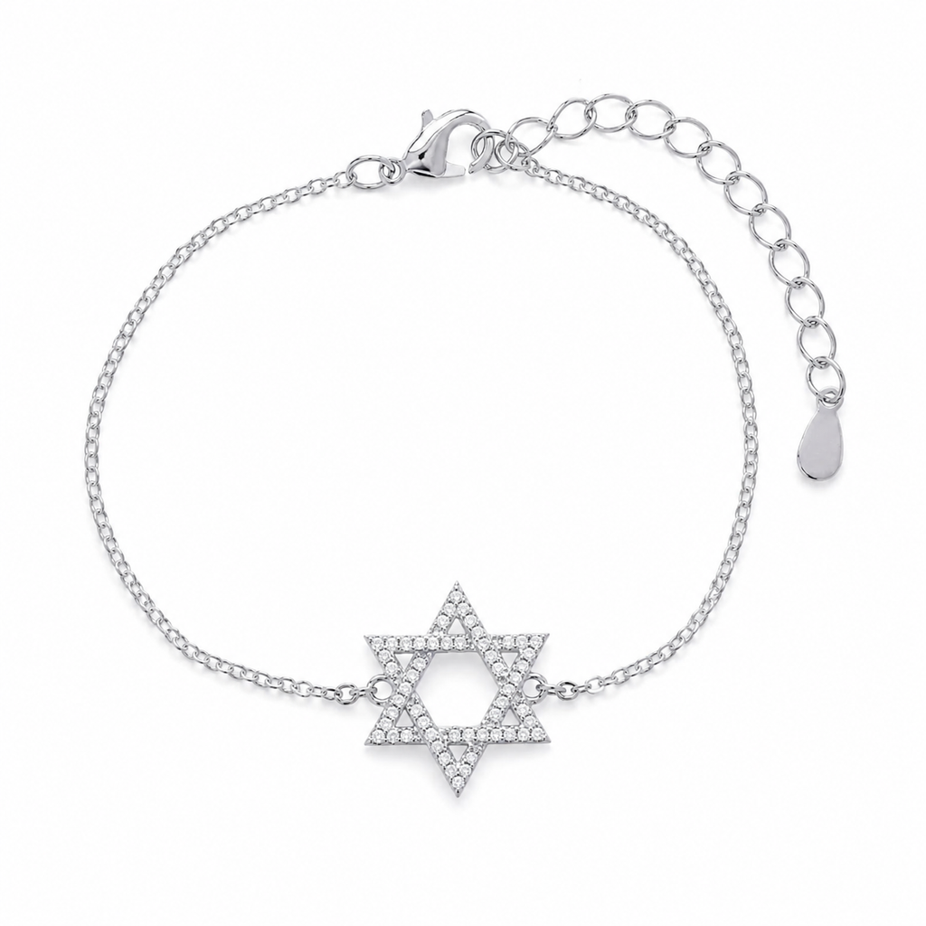 Silver Tone Star of David Bracelet featuring a pavé-set cubic zirconia Star of David charm on an adjustable cable link chain.