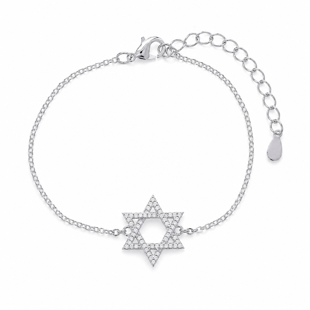 Silver Tone Star of David Bracelet featuring a pavé-set cubic zirconia Star of David charm on an adjustable cable link chain.