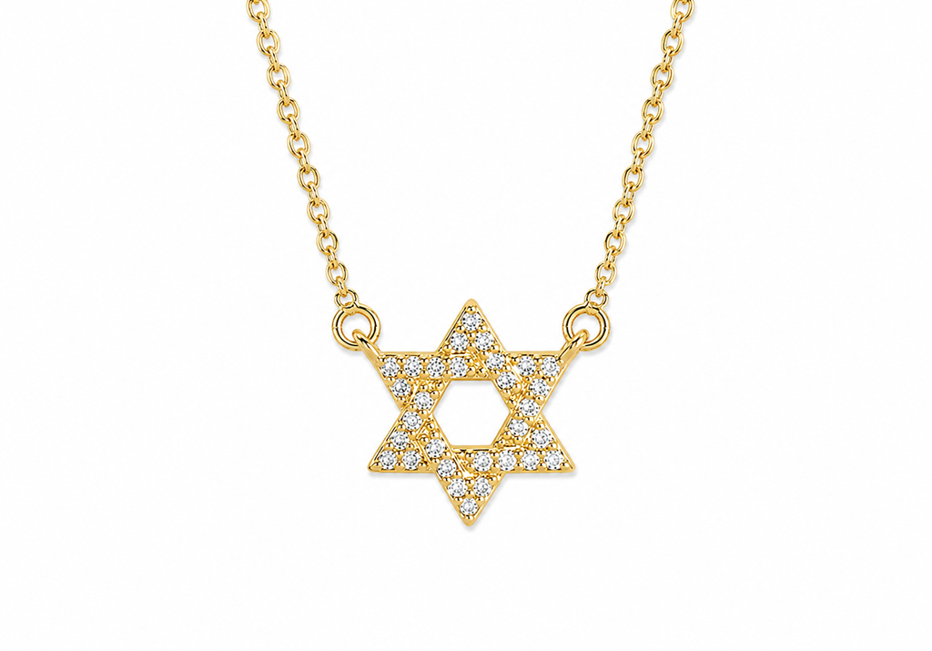 Gold tone Star of David CZ Necklace with cubic zirconia stones on a white background.