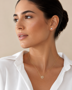 Model wearing the gold tone Star of David CZ Necklace.