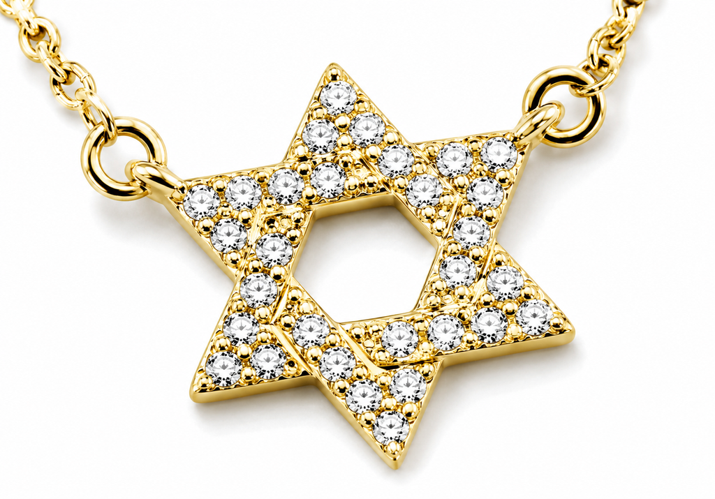 Close-up of the gold tone Star of David pendant with cubic zirconia stones.