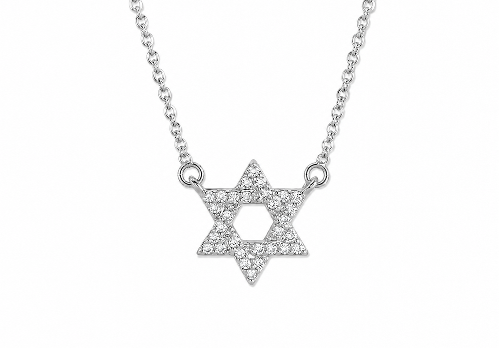 Silver tone Star of David CZ Necklace with cubic zirconia stones on a white background.