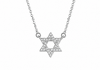 Silver tone Star of David CZ Necklace with cubic zirconia stones on a white background.