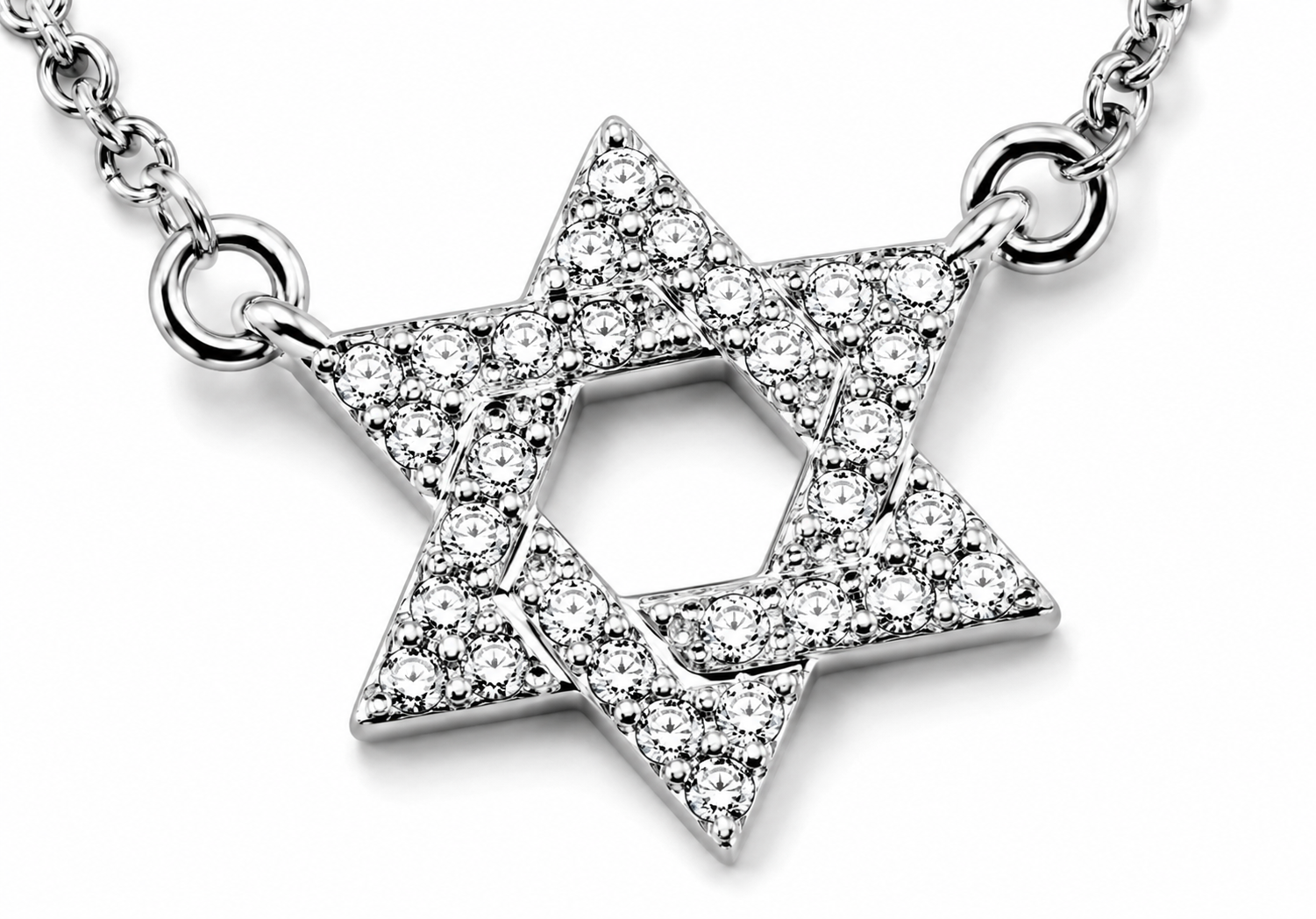 Close-up of the silver tone Star of David pendant with cubic zirconia stones.