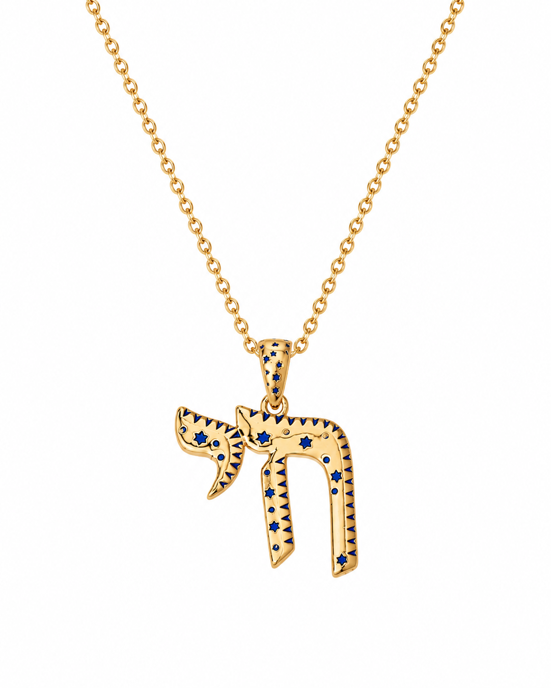 Gold tone TLV Chai Necklace with navy Star of David (Magen David) detailing on a white background.